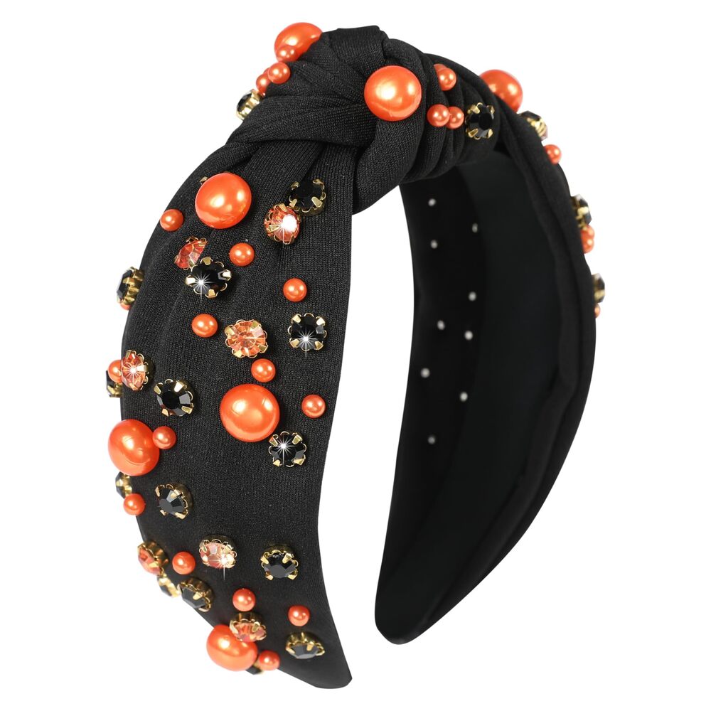 6163 Halloween Pearl Knotted Headbands Sparkly Beaded Crystal Embellished